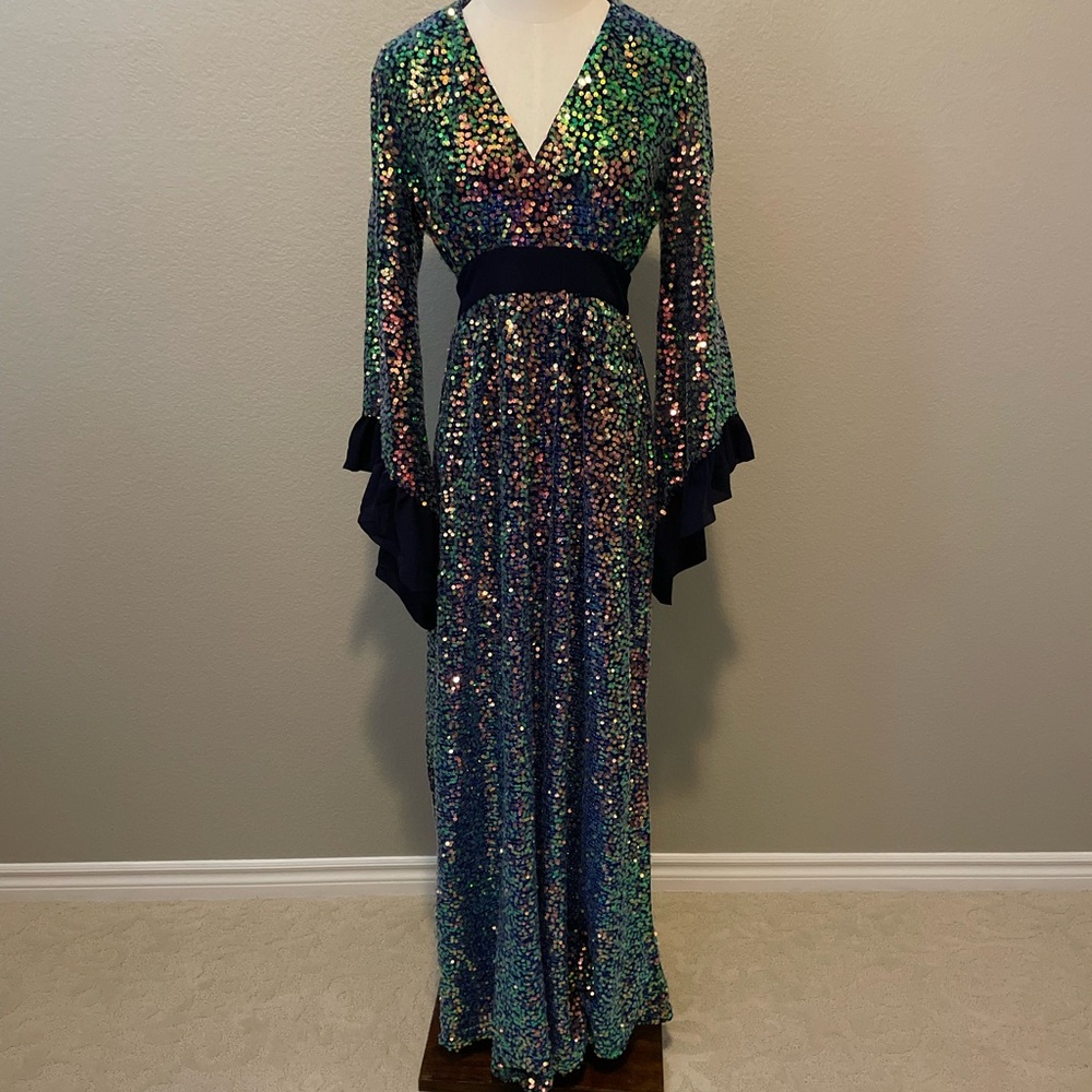 Unique Vintage Navy Glitter Sequin Maxi Long Sleeve Dress - Picture 4 of 5